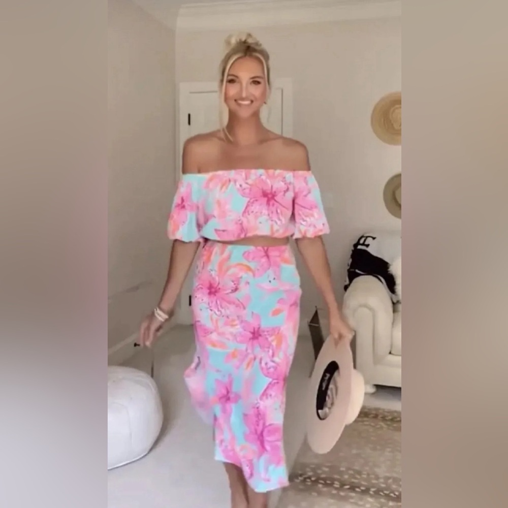 Lilly Pulitzer Esmeray Crop Top & Midi Skirt Set Surf Blue Bonita Blooms Resort - Picture 10 of 16